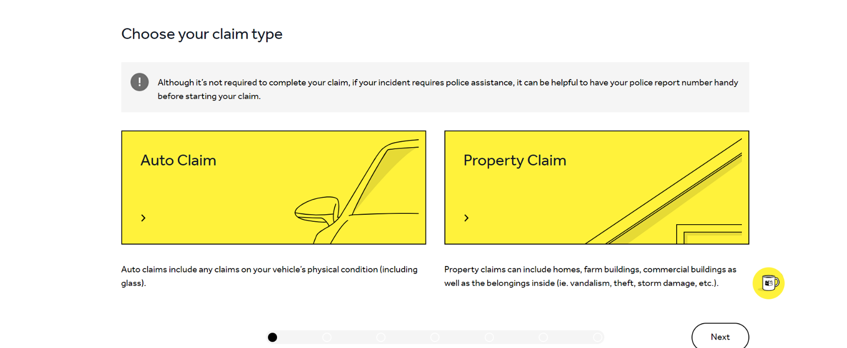 Choose your claim category page