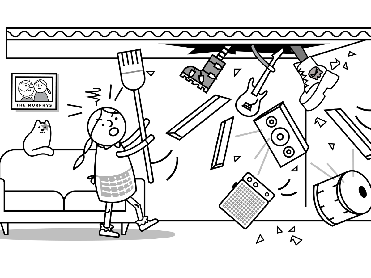 Mrs Murphy angrily taps a broom on the ceiling to quiet down her loud neighbours, who are falling through the floor along with their music equipment