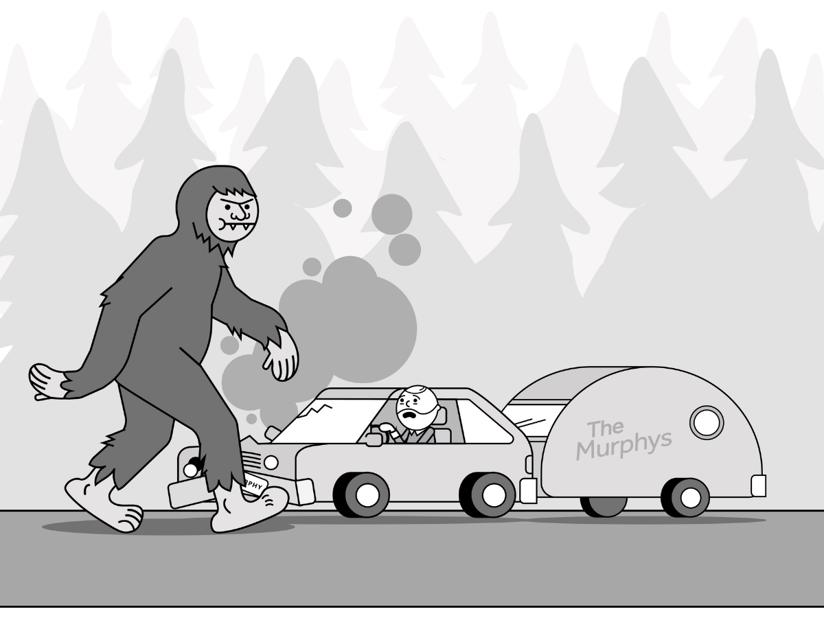 a sasquatch runs into the Murphys' car and trailer