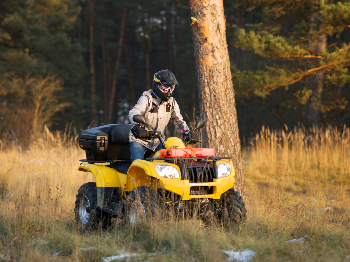 ATV rider navigating a grassy forest trail, showcasing outdoor adventure and all-terrain capability