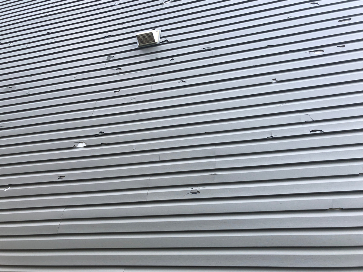 Exterior siding with visible dents and punctures caused by Hail impact during a storm