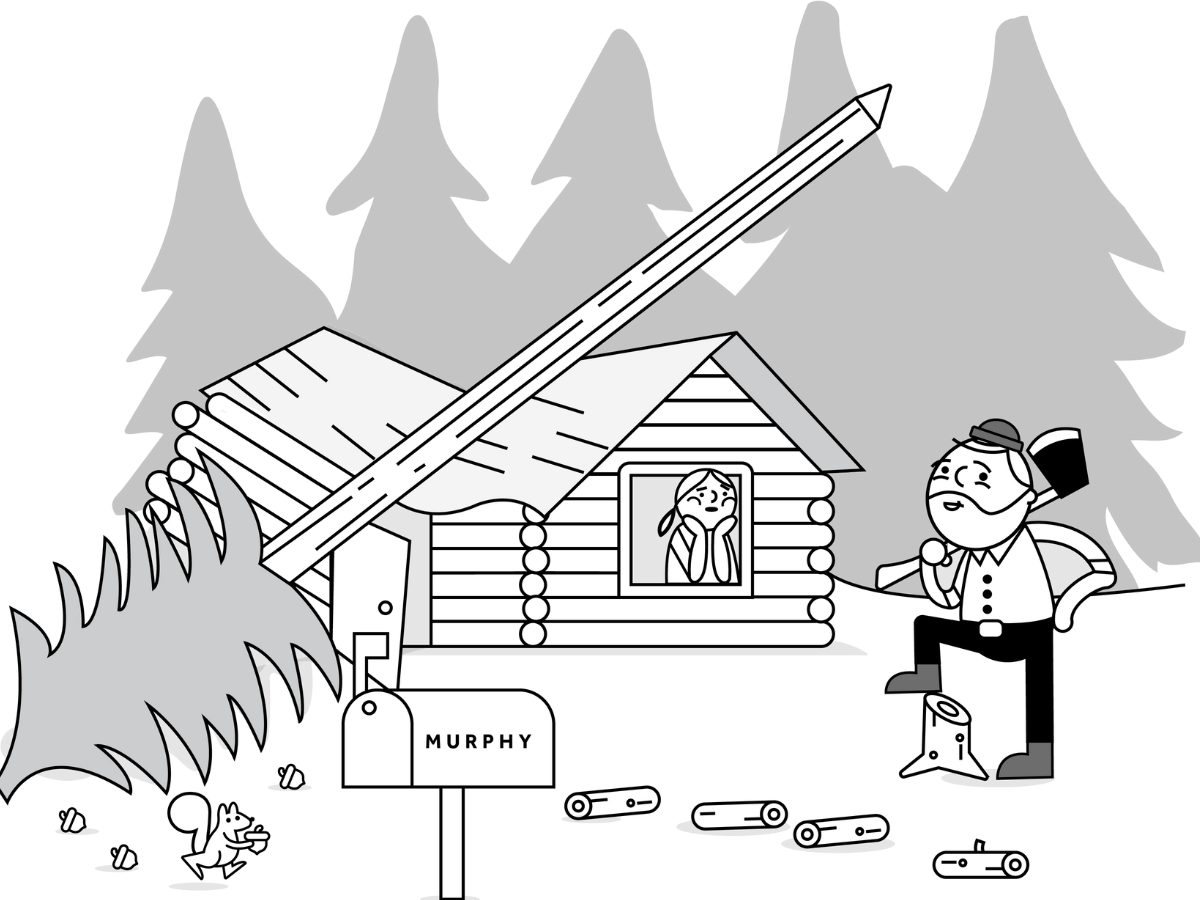 Mr Murphy chops a tree which topples onto his cabin or cottage roof