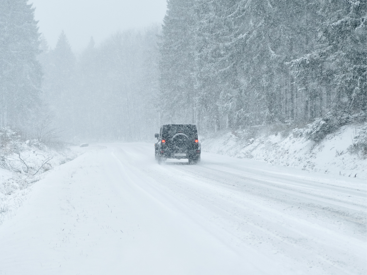 Vehicle driving through a forested area as snow falls across an icy roadway.