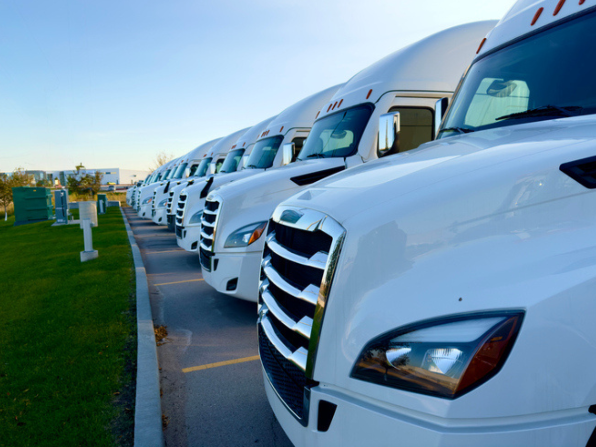 Row of white commercial trucks parked in a lot, representing business-owned vehicles that may require commercial car insurance or fleet coverage.