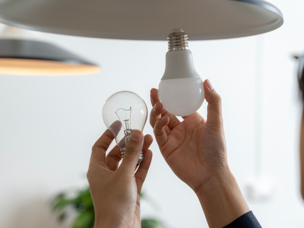 Hands of a Tenant changing a light bulb to an LED alternative in a residential living space