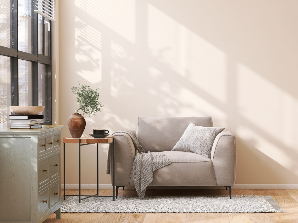 Bright Tenant apartment interior featuring a cozy armchair, rug, and sunlit wall shadows