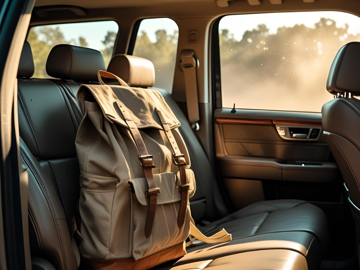 seat of a vehicle with a backpack resting on it, illustrating that commercial auto insurance typically doesn’t cover personal items, tools, or cargo inside the vehicle.