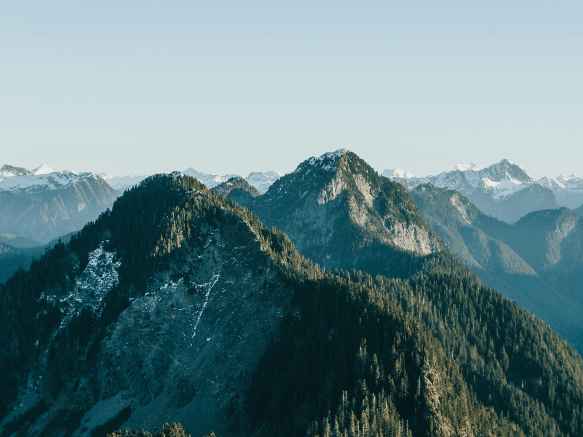 Snow-capped mountain range with forested peaks under a clear blue sky