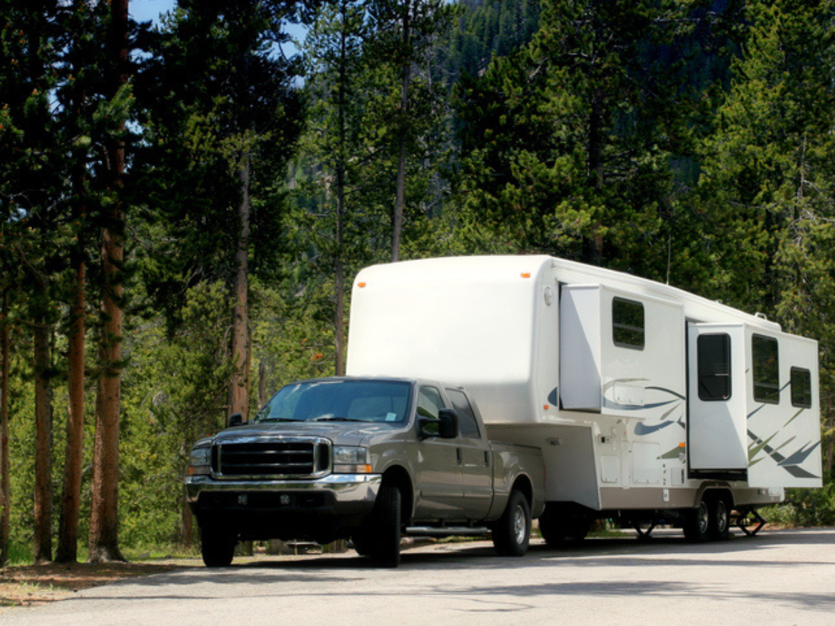 Pickup truck towing a white fifth-wheel trailer on a road beside a pine forest