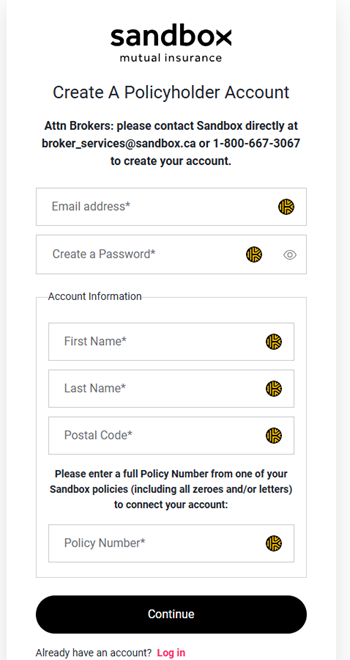 Create a Policyholder Account webpage