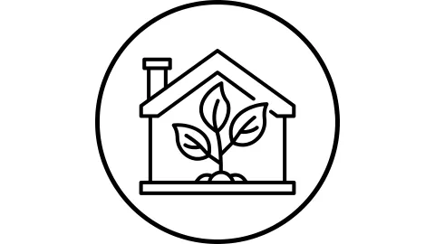 Line drawing of a sustainable home with a plant inside of it.