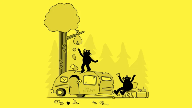 Bears cause havoc by climbing on trailer while reaching for garbage in a tree