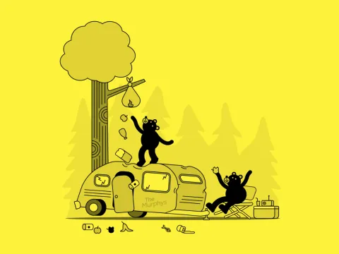 Bears cause havoc by climbing on trailer while reaching for garbage in a tree